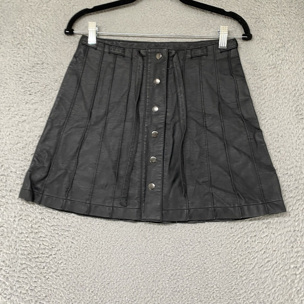 Free People Mini Skirt Womens 6 Black Faux Leather Snap Front A-Line